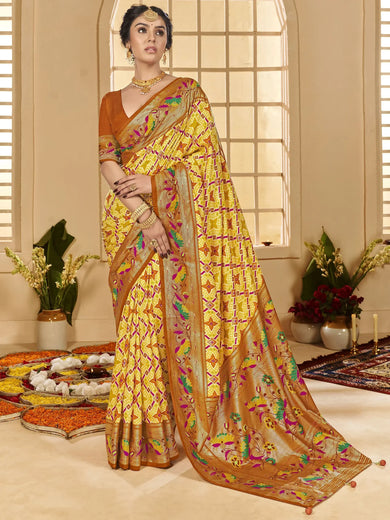 Marvelous Yellow Ikkat Printed Cotton Festival Wear Saree With Blouse